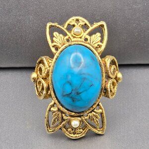 VTG Victorian Revival Turquoise & Faux Seed Pearls Filigree Ring Sz 9 Adjustable